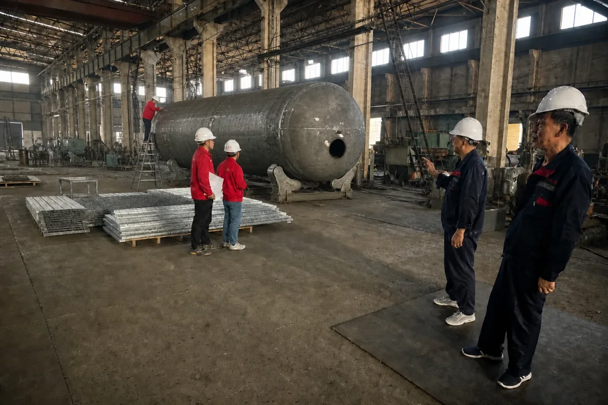 Workshop team reviewing a vessel shell